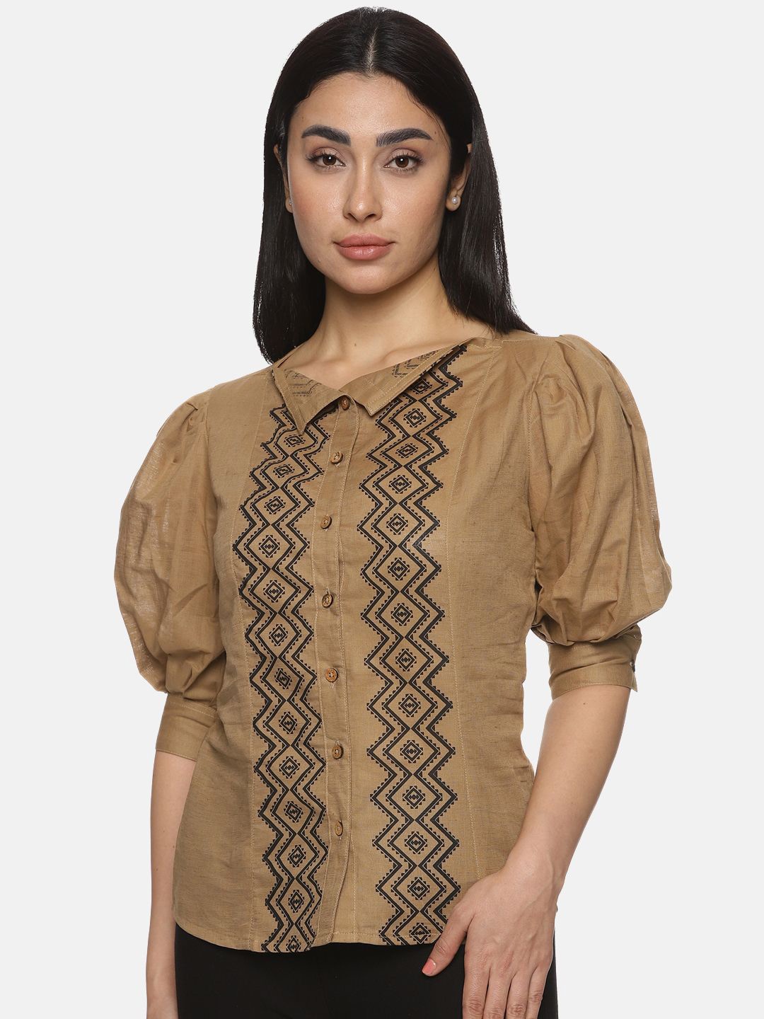

Indyvarna Geometric Puff Sleeve Cotton Top, Brown