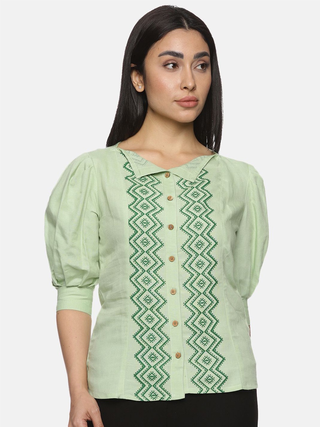 

Indyvarna Geometric Puff Sleeve Cotton Top, Green