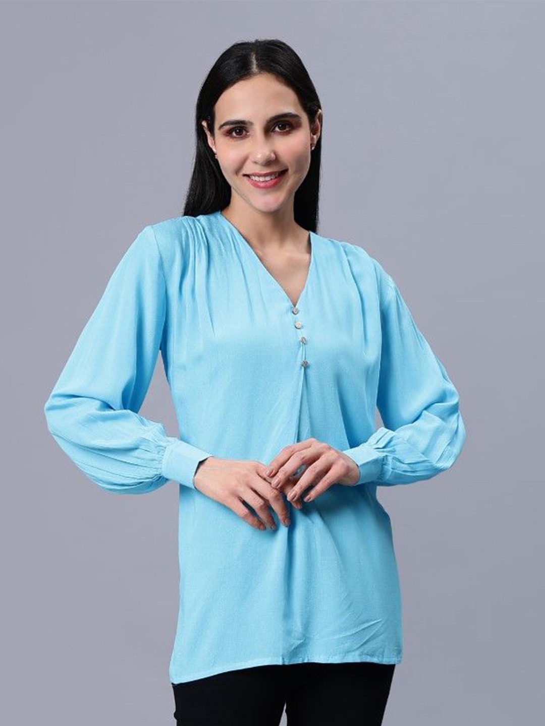 

Indyvarna Mandarin Collar Cotton Top, Blue