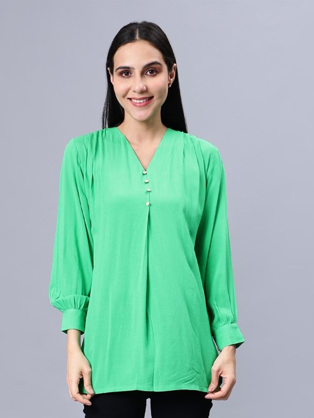 

Indyvarna Mandarin Collar Cotton Shirt Style Top, Green