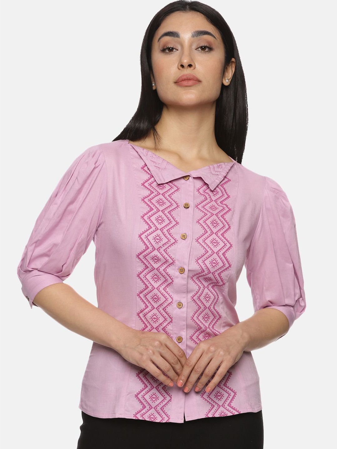 

Indyvarna Geometric Puff Sleeve Cotton Top, Lavender