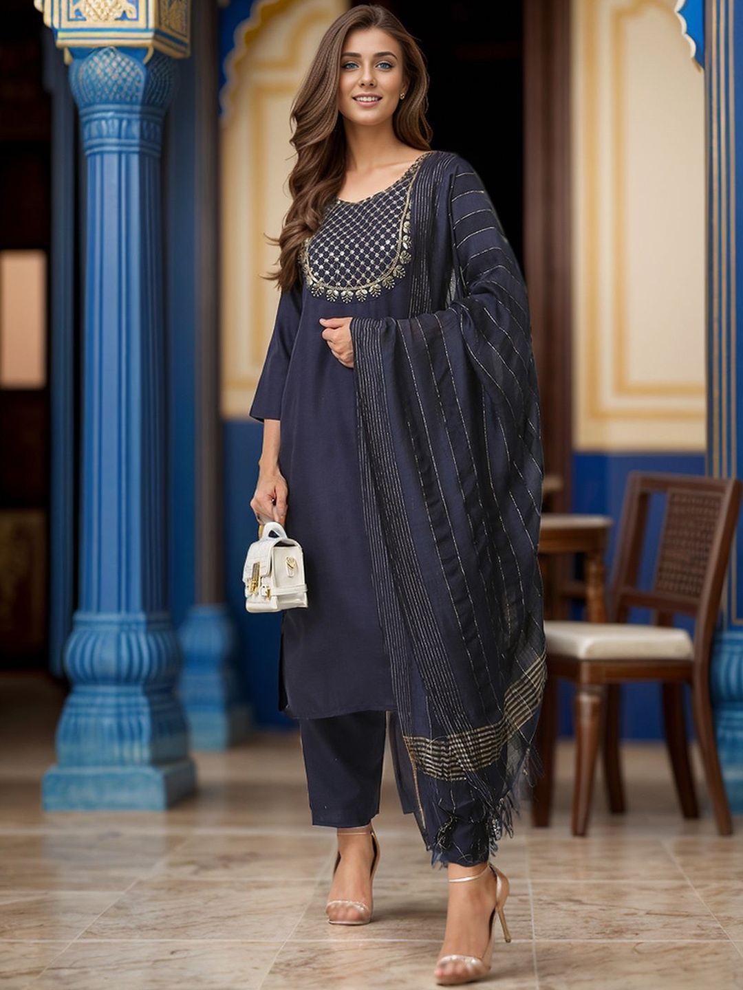 

KALINI Ethnic Motifs Yoke Design Regular Sequinned Kurta with Trousers & Dupatta, Navy blue