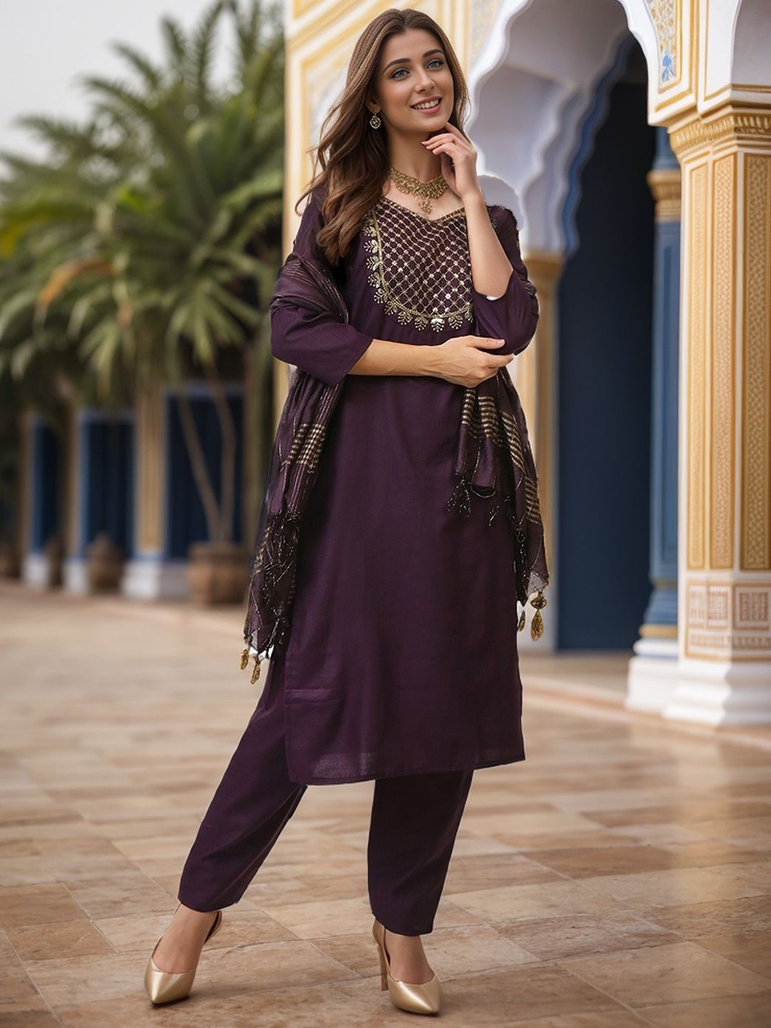 

KALINI Yoke Design Kurta with Trousers & With Dupatta, Brown