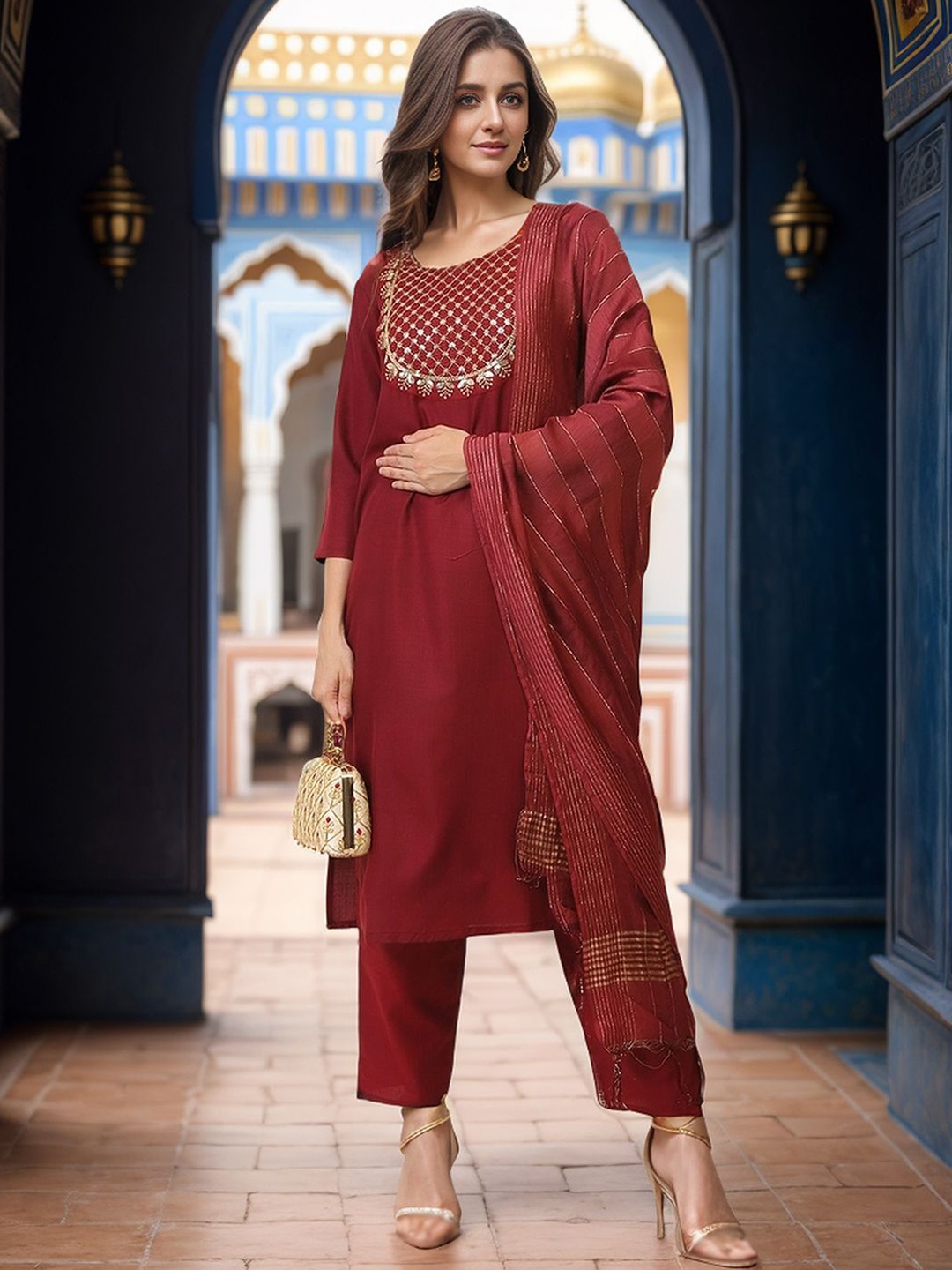 

KALINI Ethnic Motifs Embroidered Kurta with Trousers & Dupatta, Maroon