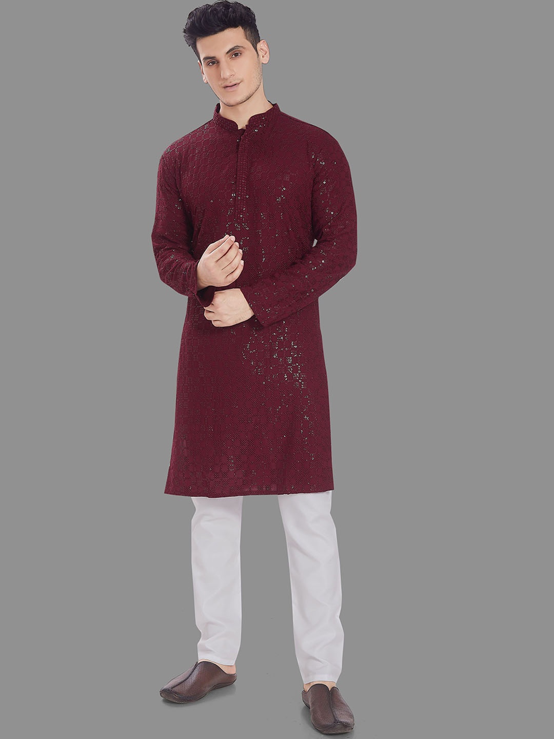 

Rani Saahiba Embellished Mandarin Collar Straight Kurta, Maroon