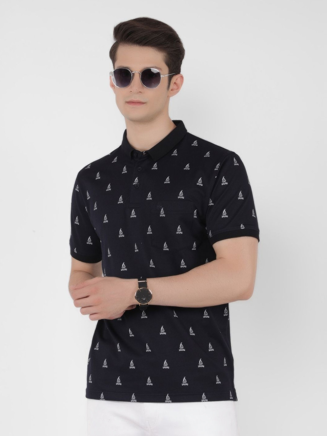 

Crimsoune Club Men Conversational Printed Polo Collar Cotton Slim Fit T-Shirt, Navy blue