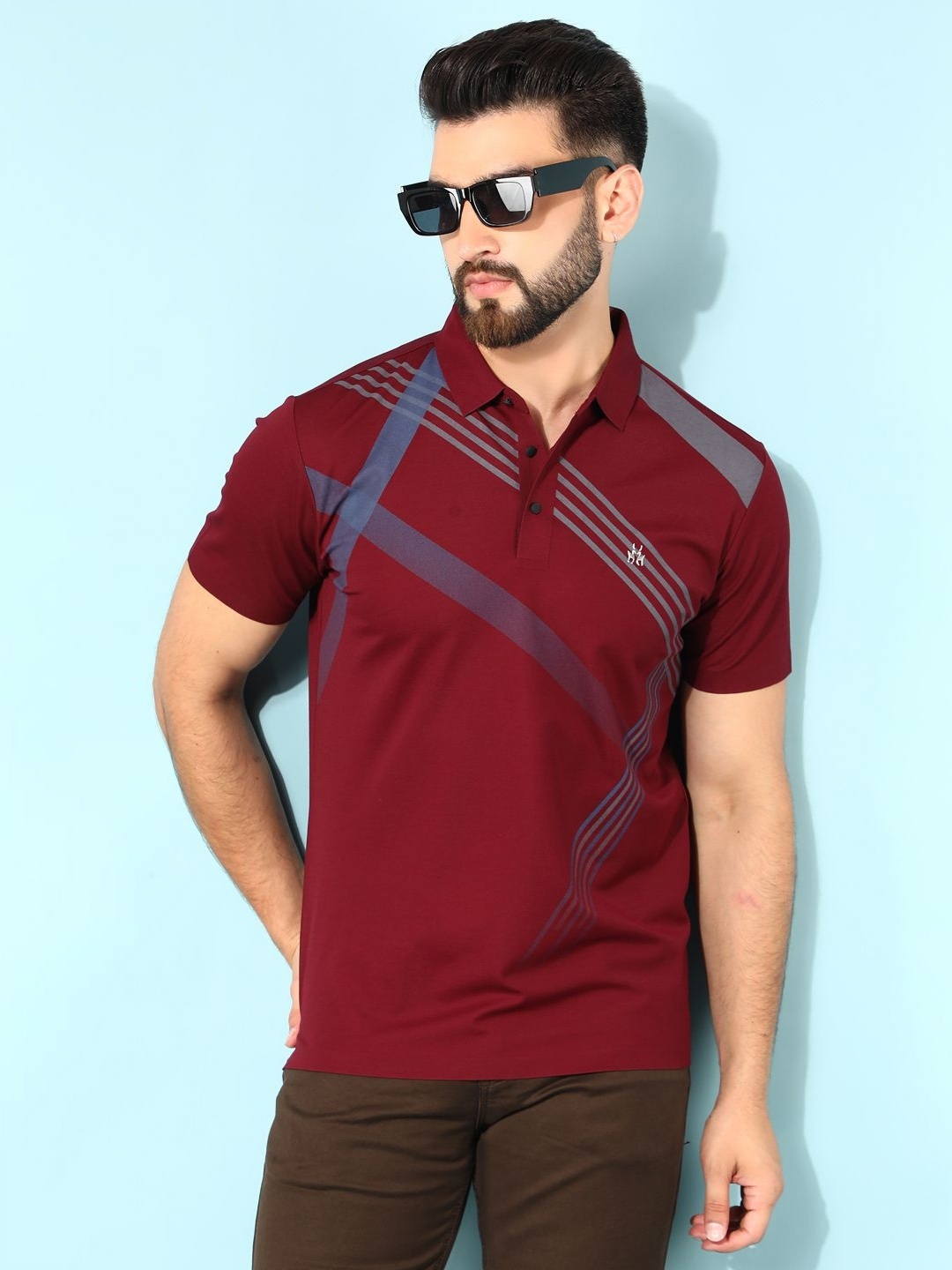 

Crimsoune Club Men Striped Printed Polo Collar Cotton Slim Fit T-Shirt, Red