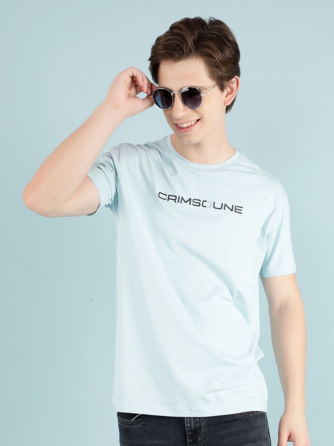 

Crimsoune Club Men Typography Printed Round Neck Cotton Slim Fit T-Shirt, Blue
