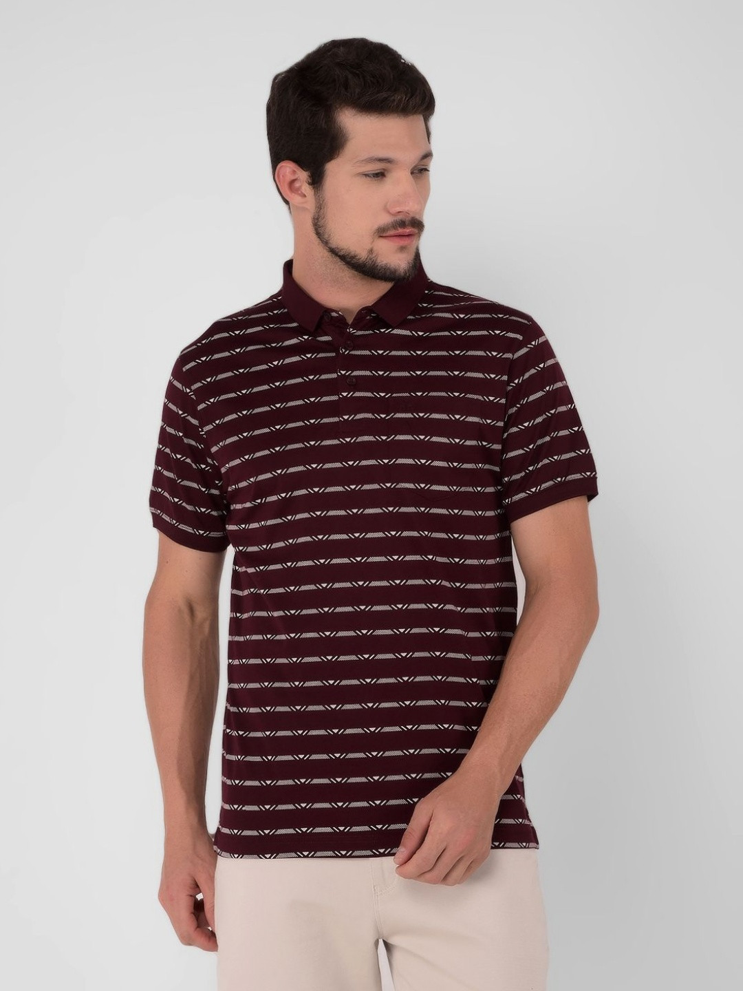 

Crimsoune Club Men Multi or Variegated Striped Polo Collar Cotton Slim Fit T-Shirt, Red