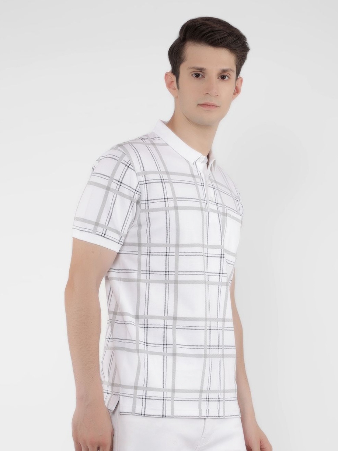 

Crimsoune Club Men Checked Polo Collar Cotton Slim Fit T-Shirt, White