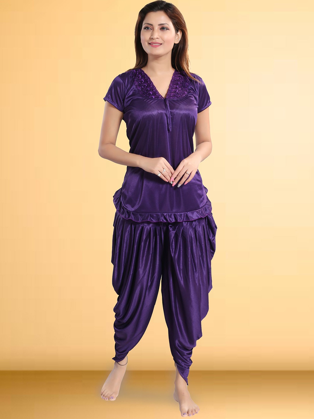 

Romaisa Women V-Neck Short Sleevess Satin Night suit, Purple