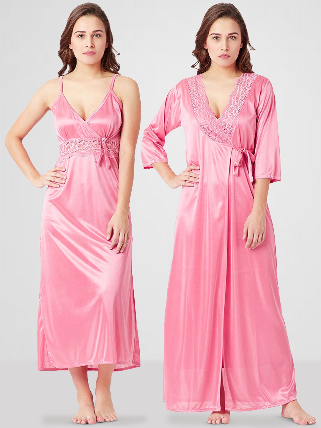 

Romaisa Women Satin Midi Nightdress with Robe, Pink