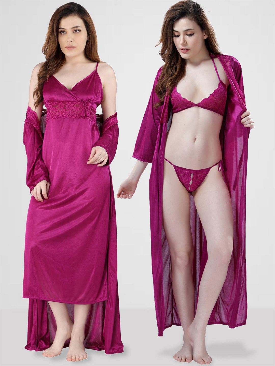 

Romaisa Women Self Design Shoulder Straps Satin Maxi Nightwear Set of 4 Pcs MYFP336-329A, Magenta