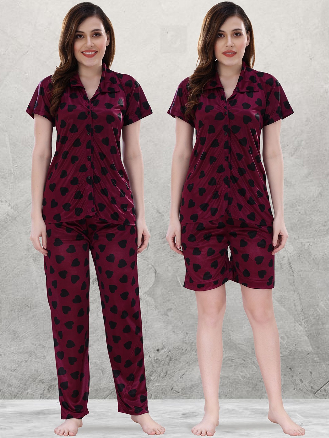 

Romaisa Women Satin Printed Night suit, Magenta