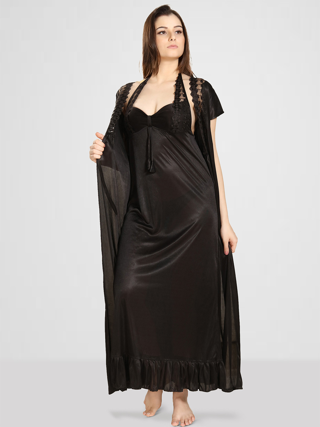 

Romaisa Women Satin Maxi Nightdress with Robe, Black
