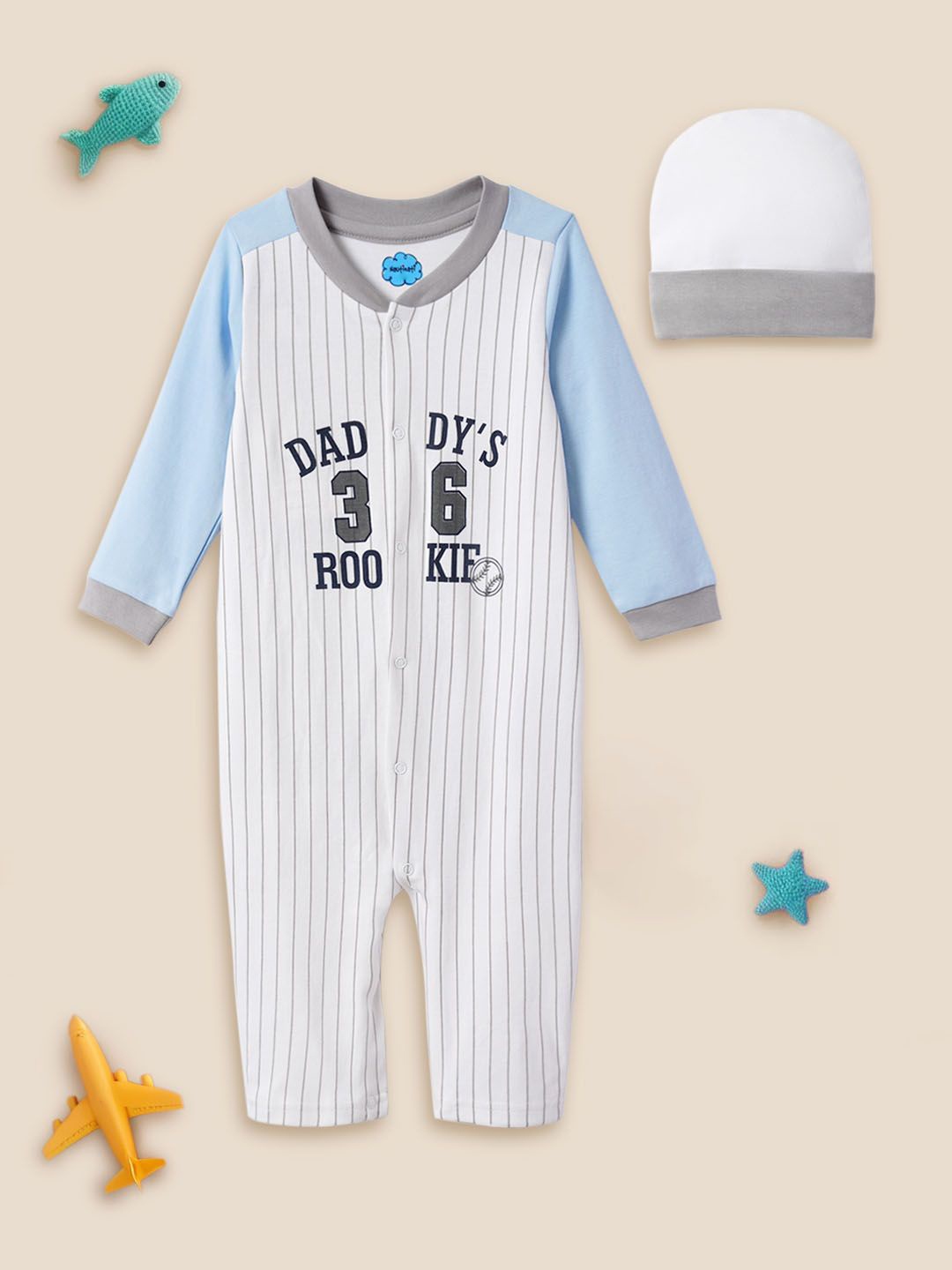 

Nauti Nati Infant Boys Striped Pure Cotton Rompers, White