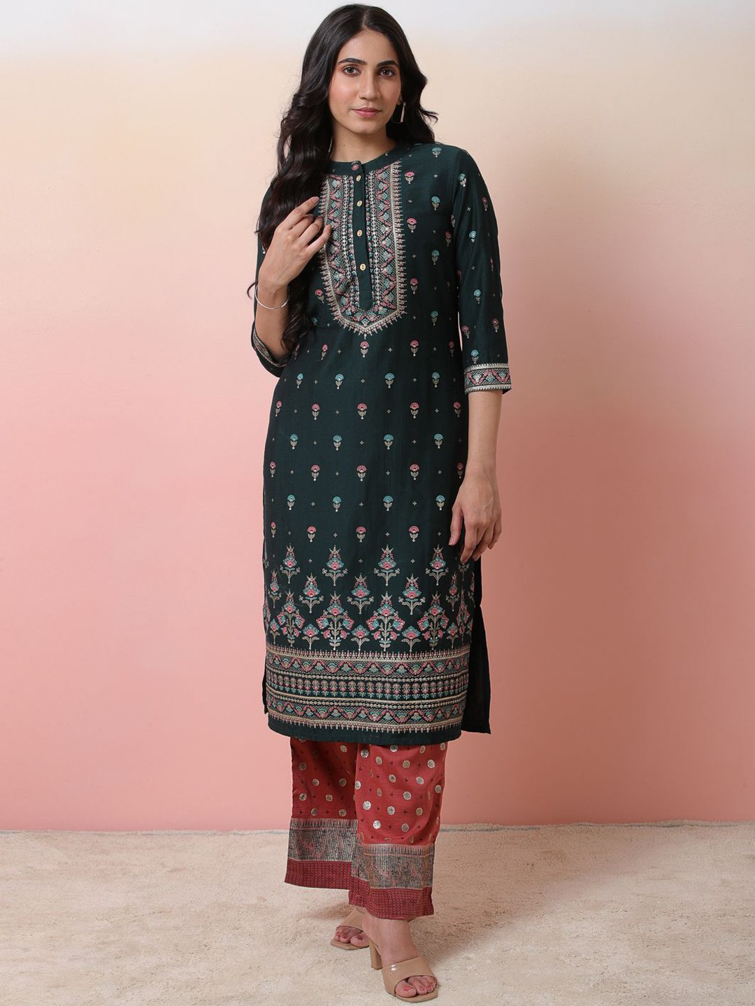 

Sangria Green Ethnic Motifs Printed Mandarin Collar Kurta With Palazzo