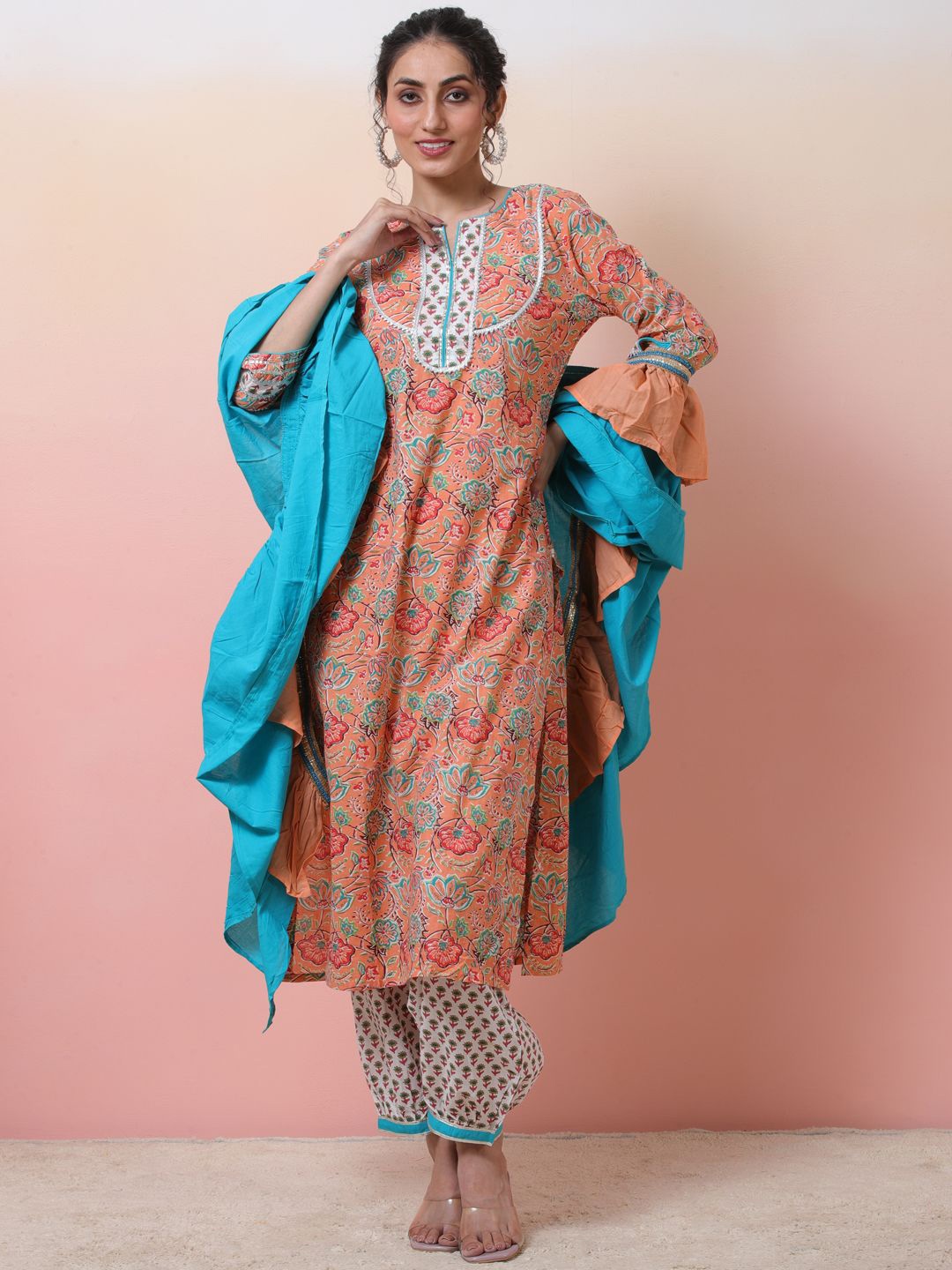 

Sangria Floral Printed Gotta Patti Pure Cotton Kurta with Palazzos & Ruffled dupatta, Peach