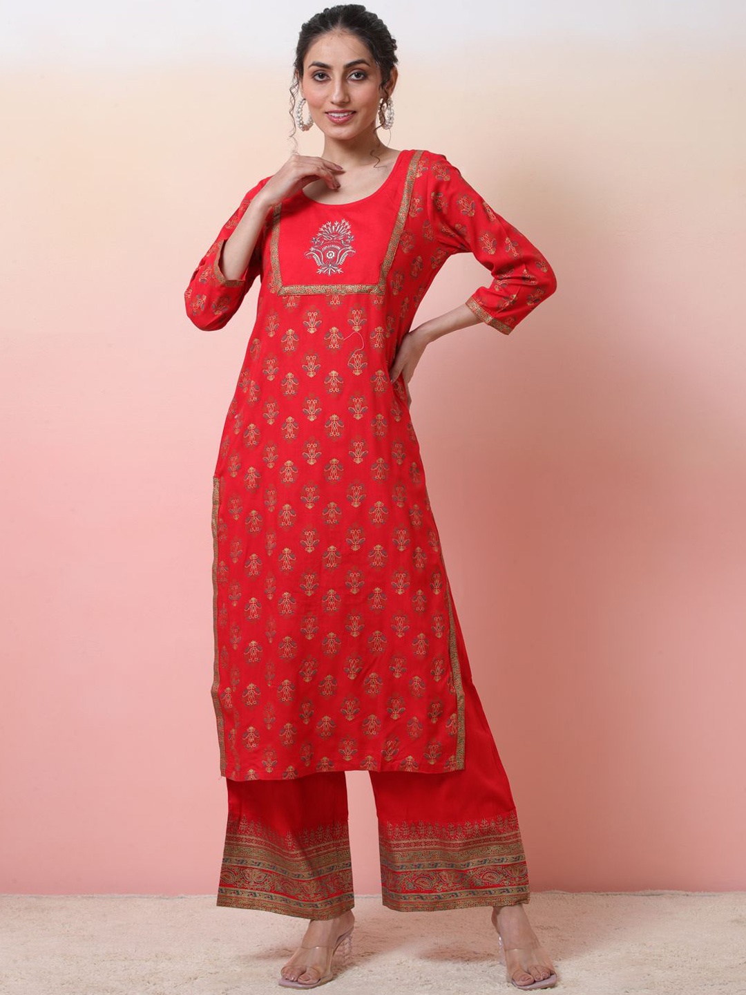 

Sangria Ethnic Motifs Printed Thread Work Straight Kurta With Palazzo, Red