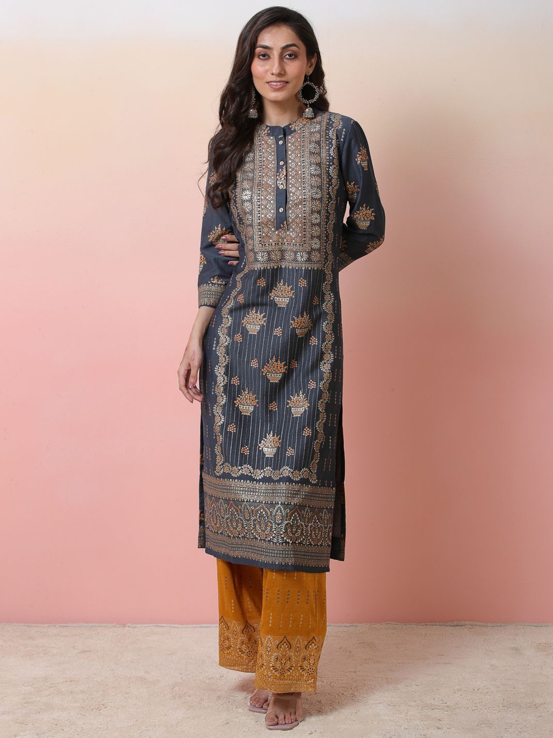 

Sangria Ethnic Motifs Printed Mandarin Collar Straight Kurta With Palazzo Sets, Grey