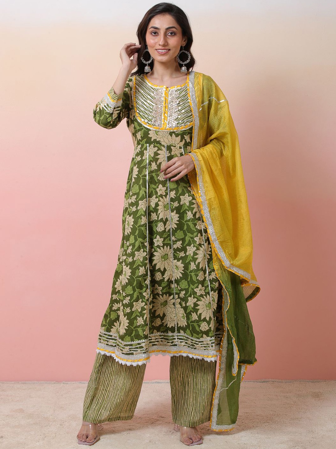 

Sangria Floral Printed Gota Patti Work Pure Cotton Anarkali Kurta With Palazzo & Dupatta, Green