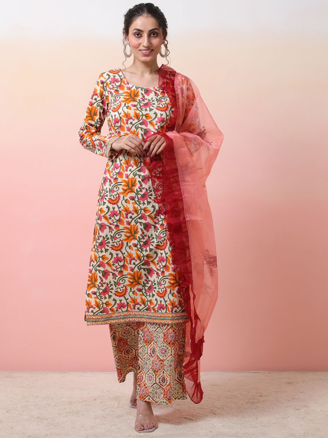 

Sangria Floral Printed Regular Pure Cotton Kurta with Palazzos & Dupatta, Off white