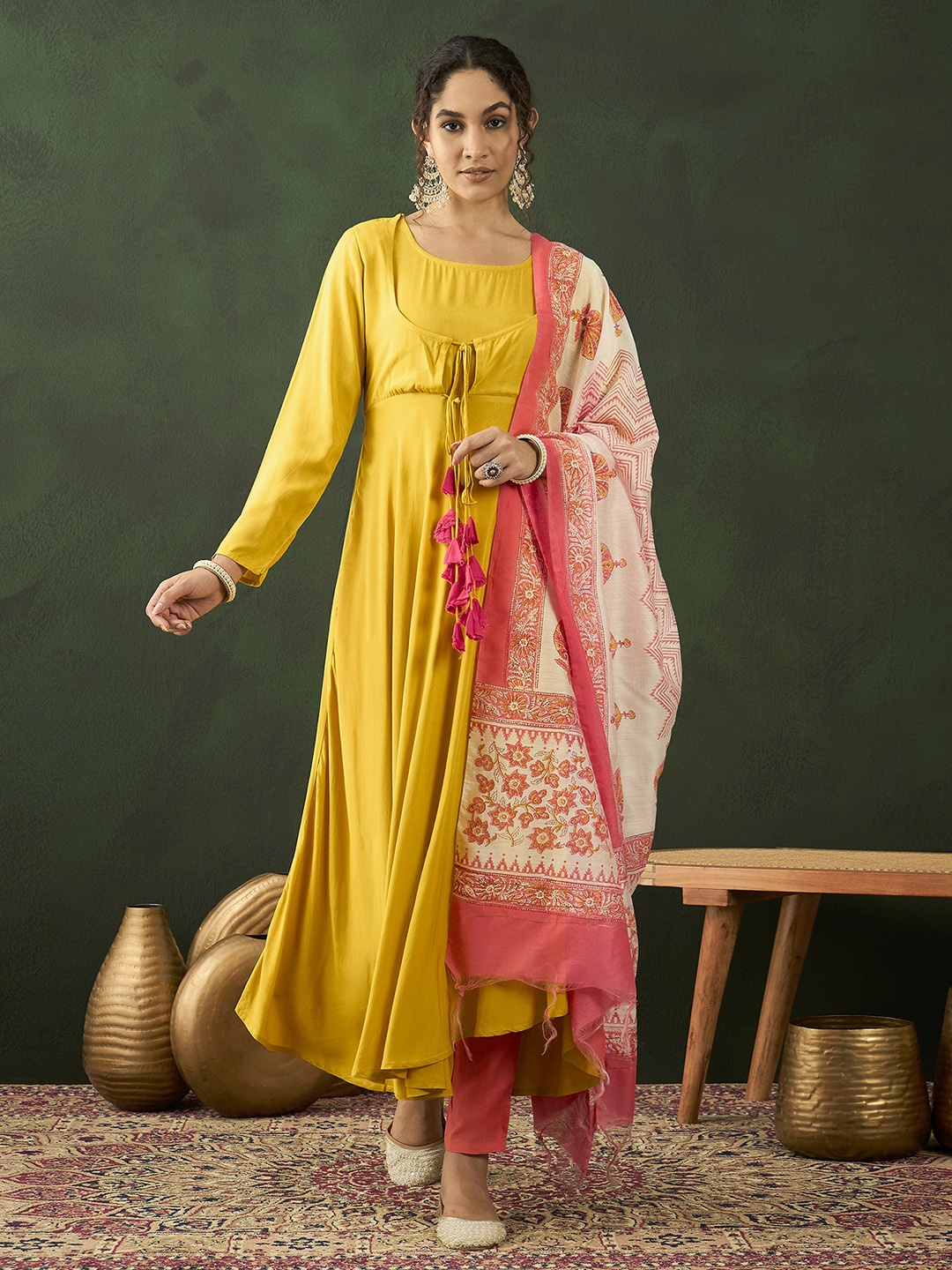 

Sangria Anarkali Kurta With Trouser & Printed Dupatta, Yellow