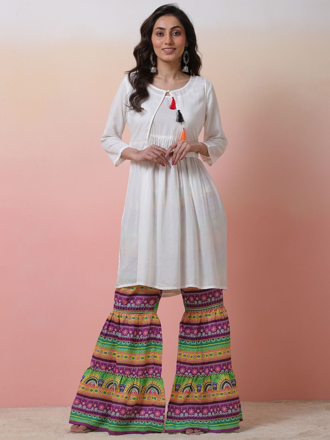 

Sangria Round Neck A-Line Kurta With Printed Sharara, White