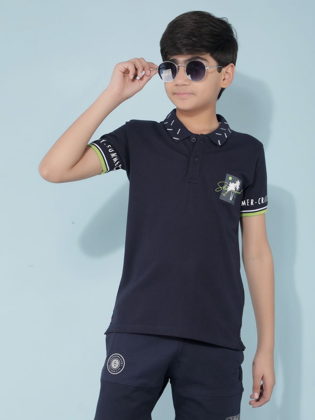 

Crimsoune Club Boys Graphic Printed Polo Collar Cotton Slim Fit T-Shirt, Navy blue