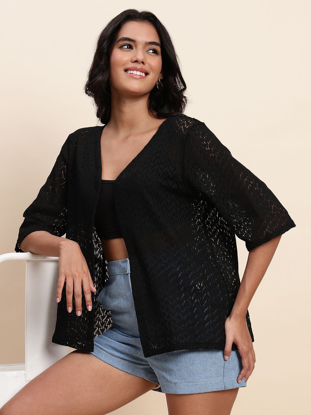 

UnaOne Self Design Sheer Cotton Lace Open Front Hip Length Shrug, Black
