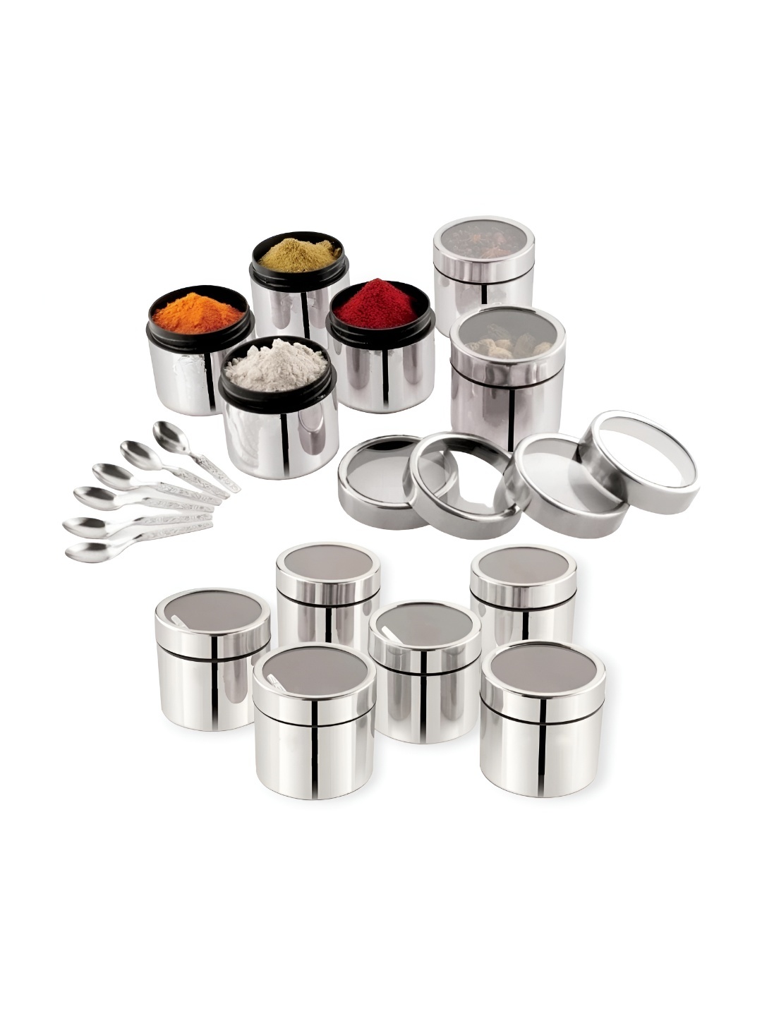 

ATROCK 12 Pieces Stainless Steel Metal Masala Box & Spoons 175 ml, Silver