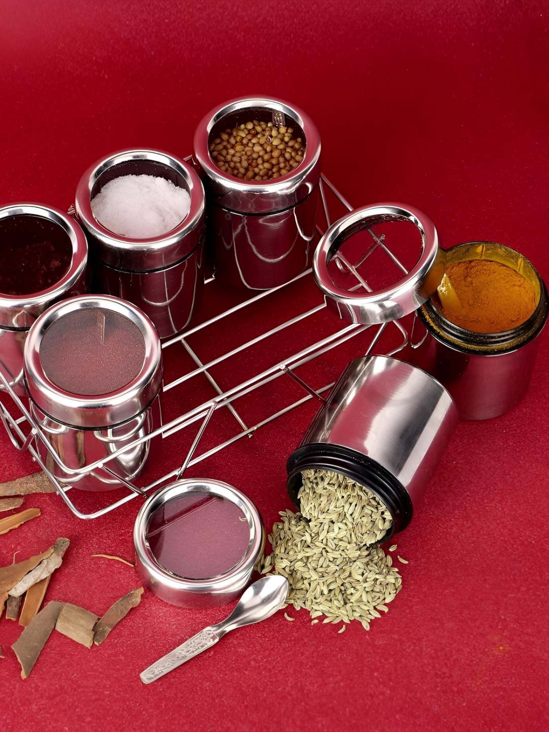 

ATROCK 6 Pieces Stainless Steel Metal Spice Box & Spoons Set 175 ml, Silver