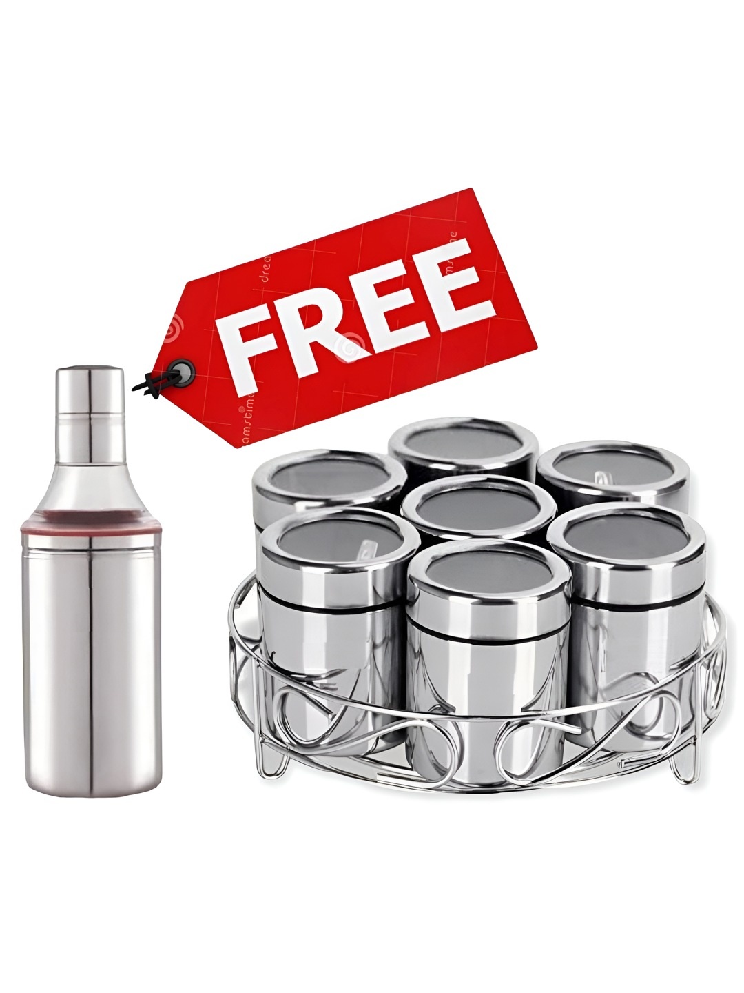 

ATROCK Silver Toned 7 In 1 Stainless Steel Masala Box With Oil Dispenser