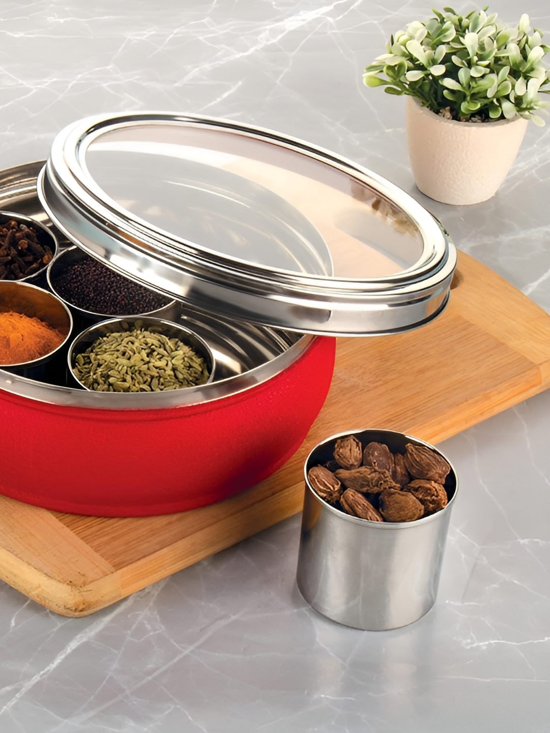

ATROCK Stainless Steel Metal Dishwasher Safe Masala Box, Red