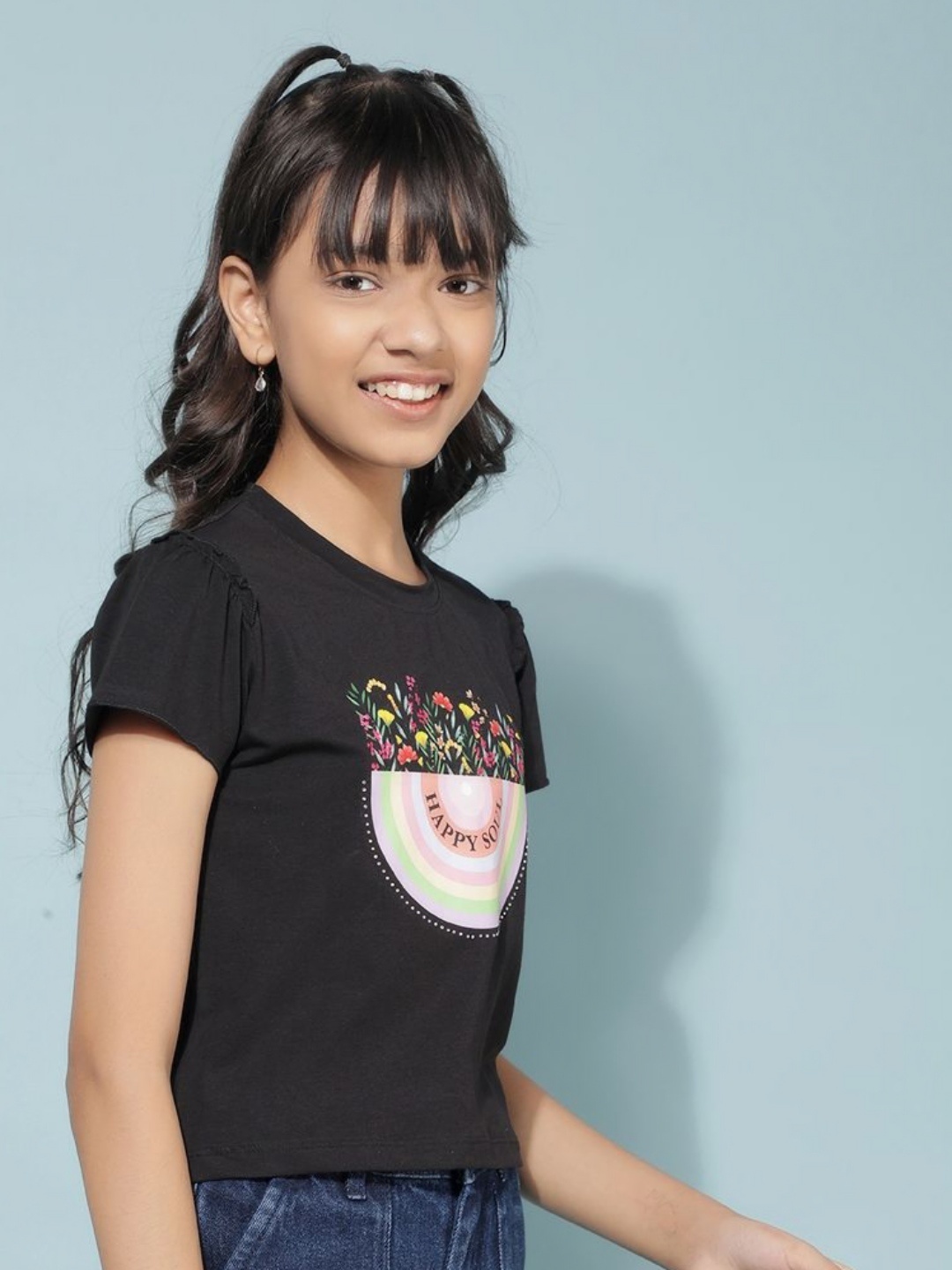 

Crimsoune Club Girls Graphic Printed Round Neck Cotton Slim Fit T-Shirt, Black