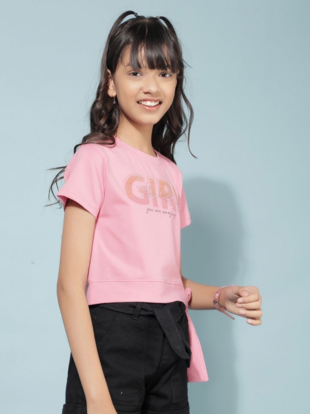 

Crimsoune Club Girls Typography Printed Round Neck Cotton Slim Fit T-Shirt, Pink