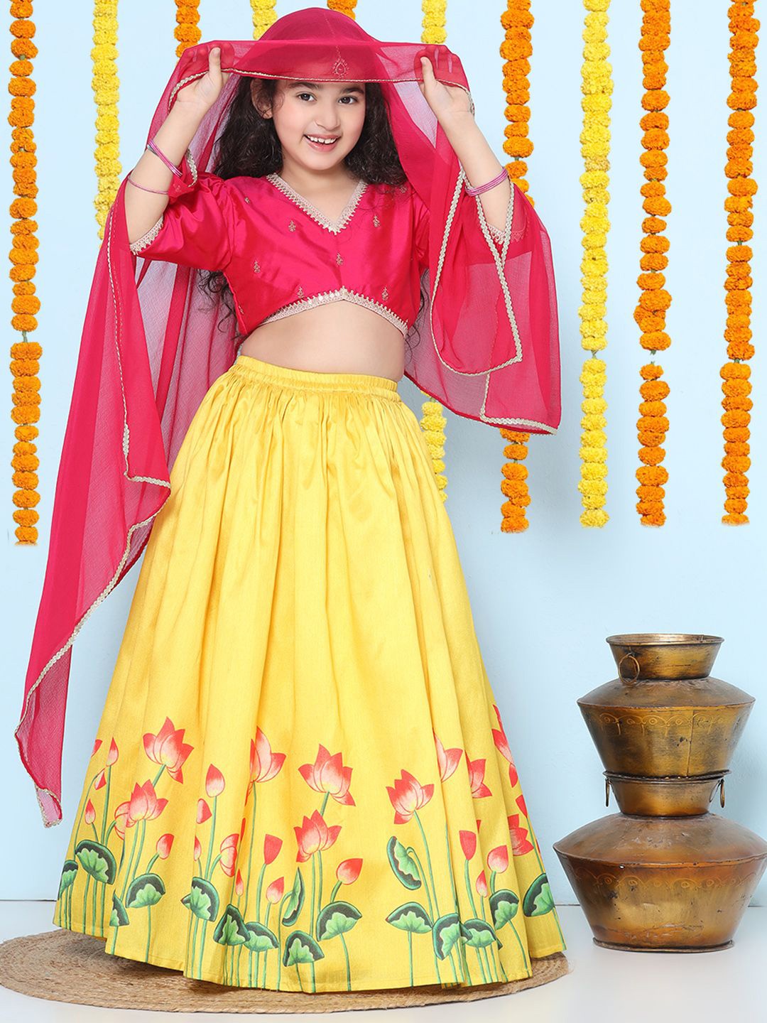 

Bitiya by Bhama Girls Embroidered V-Neck Ready to Wear Lehenga & Blouse With Dupatta, Yellow