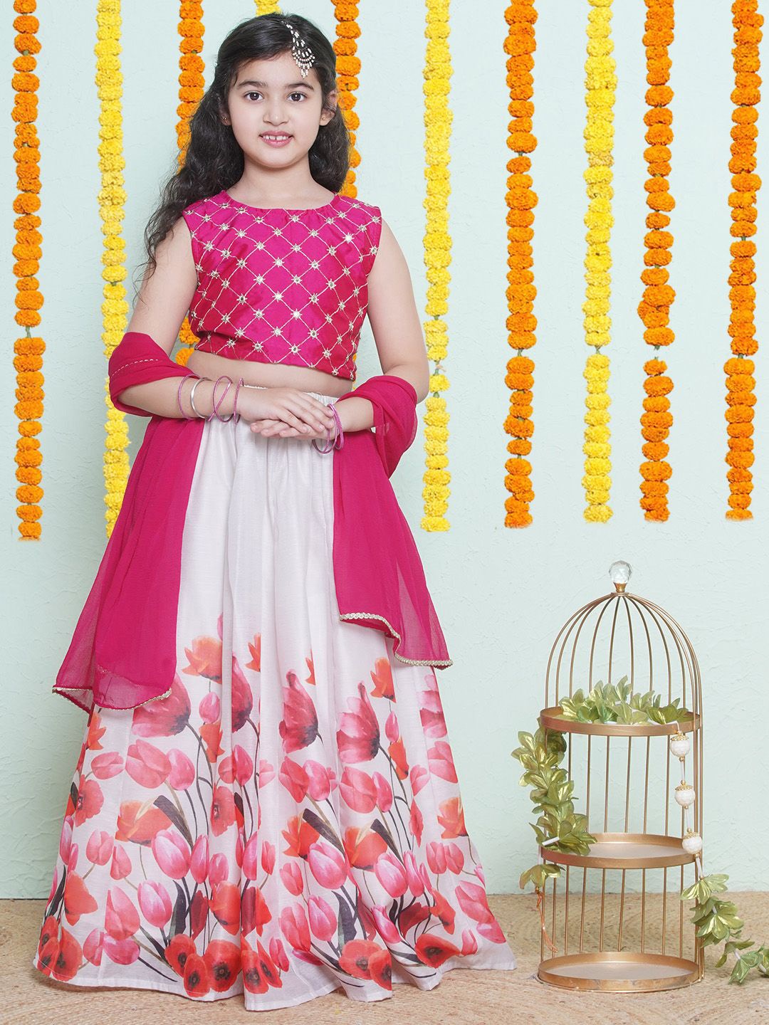 Bitiya by Bhama Girls Embroidered Mirror Work Ready to Wear Lehenga & Blouse With Dupatta, Pink
