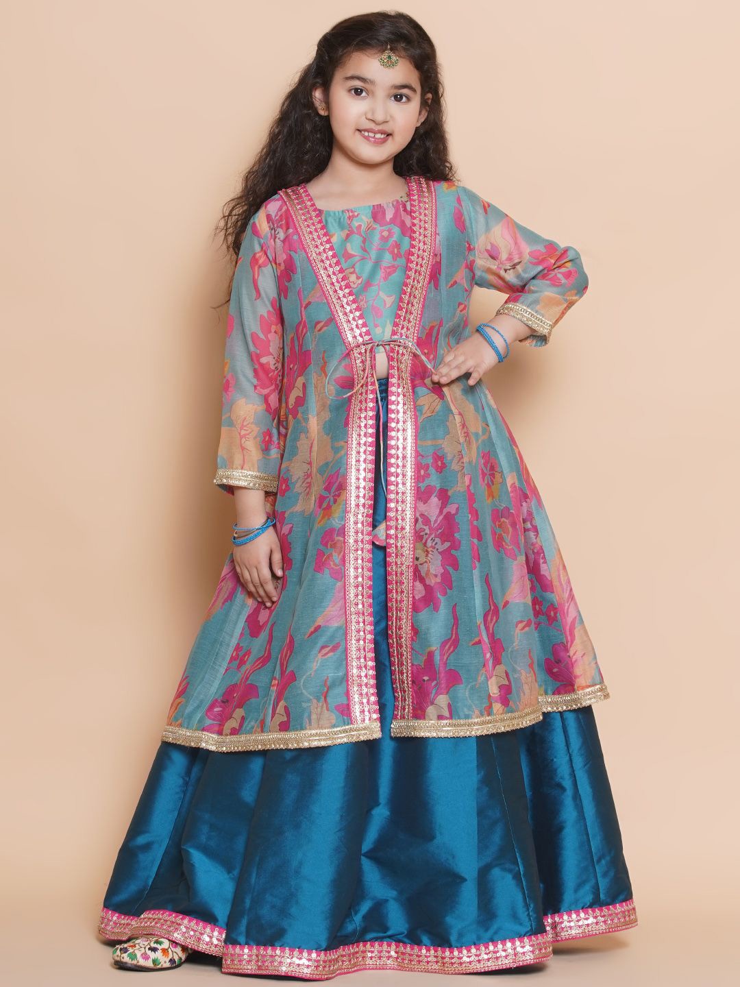 

Bitiya by Bhama Girls Printed Sequinned Ready to Wear Lehenga With Blouse & Shrug, Blue