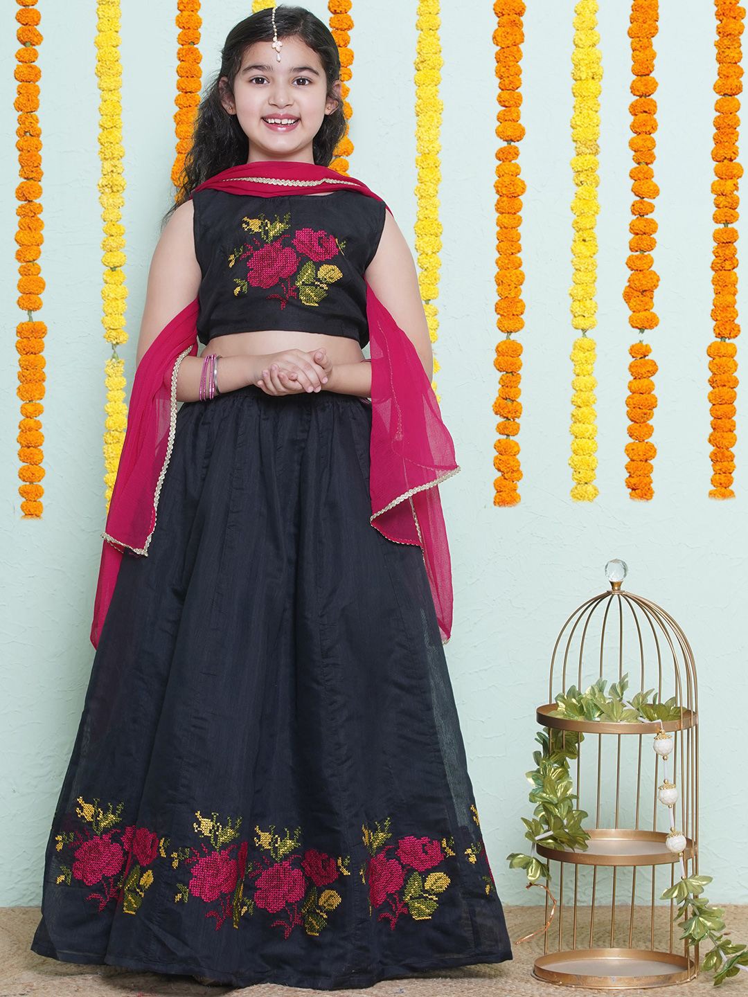 

Bitiya by Bhama Girls Embroidered Thread Work Ready to Wear Lehenga & Blouse With Dupatta, Black