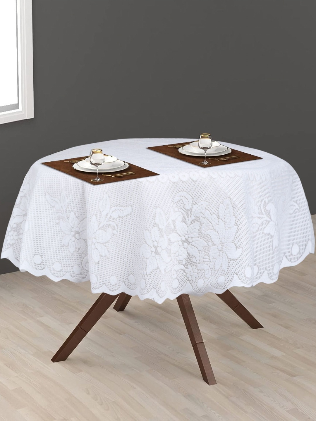 

LooMantha White Floral Cotton Round 2-Seater Table Cover