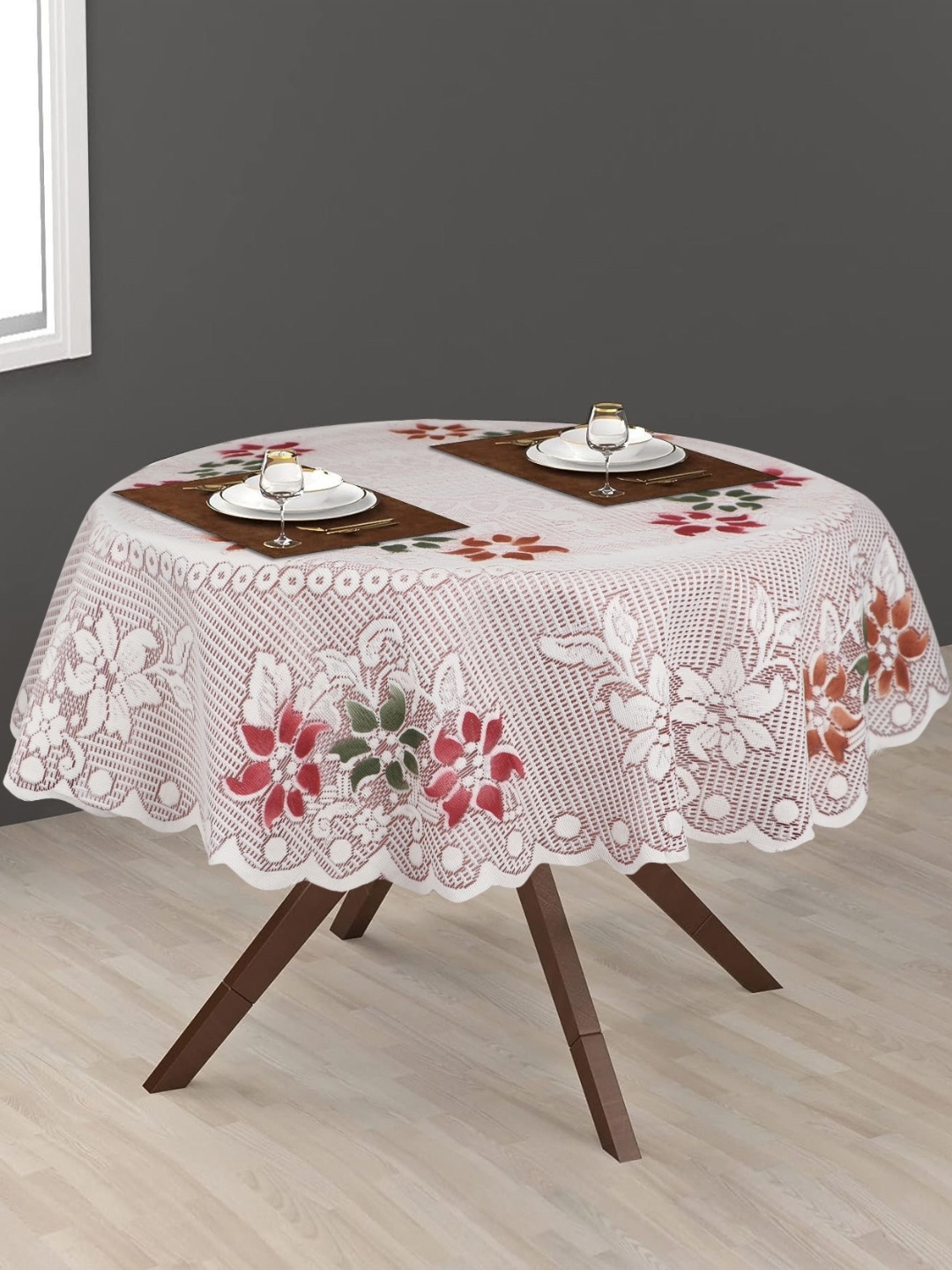 

LooMantha Brown & White Floral Cotton Round 2-Seater Table Cover