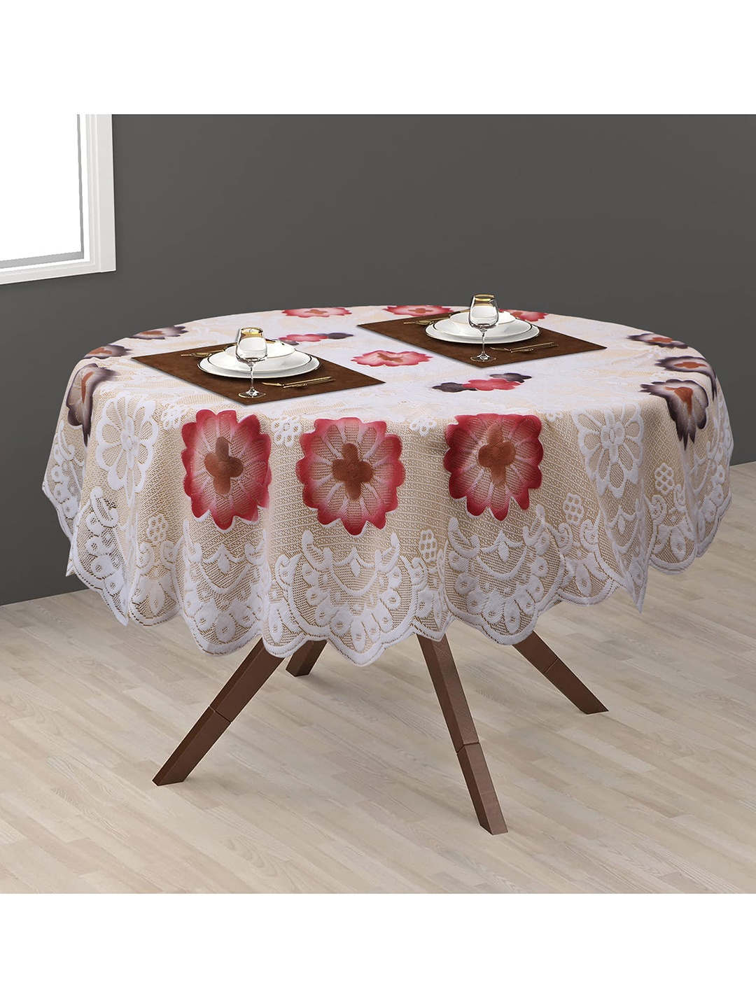 

LooMantha Beige & White Floral Cotton Round 2-Seater Table Cover