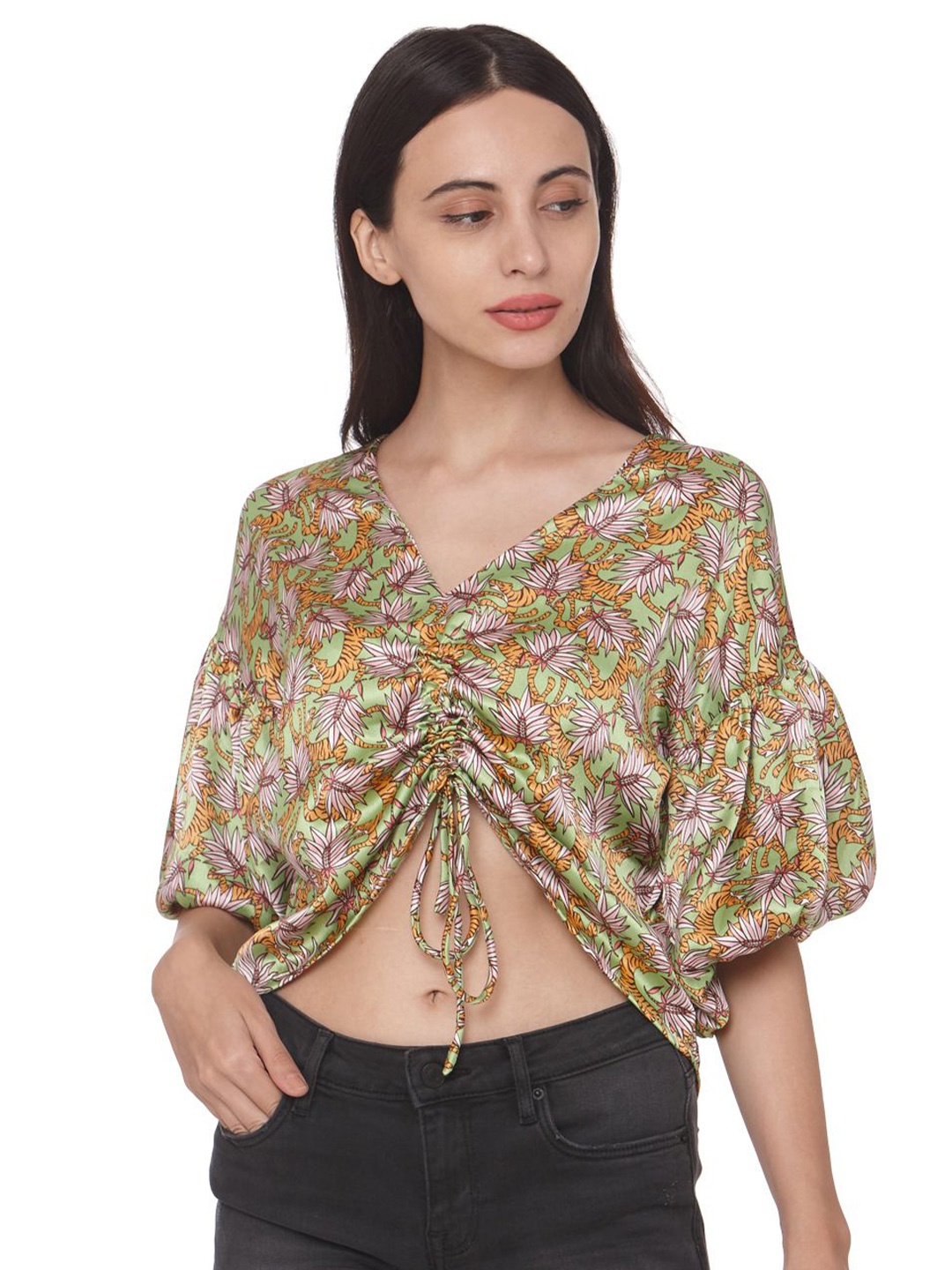 

Ashtag Women Floral Printed Crop Top, Lime green