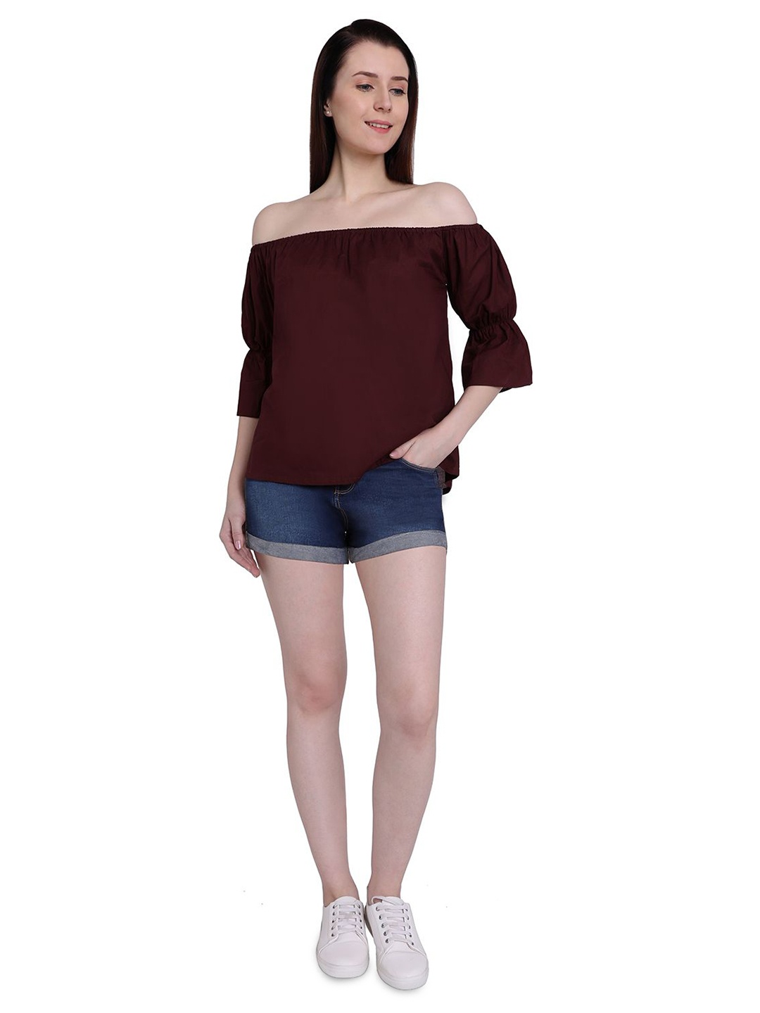 

Ashtag Women Off-Shoulder Cotton Three-Quarter Sleeves Top, Maroon