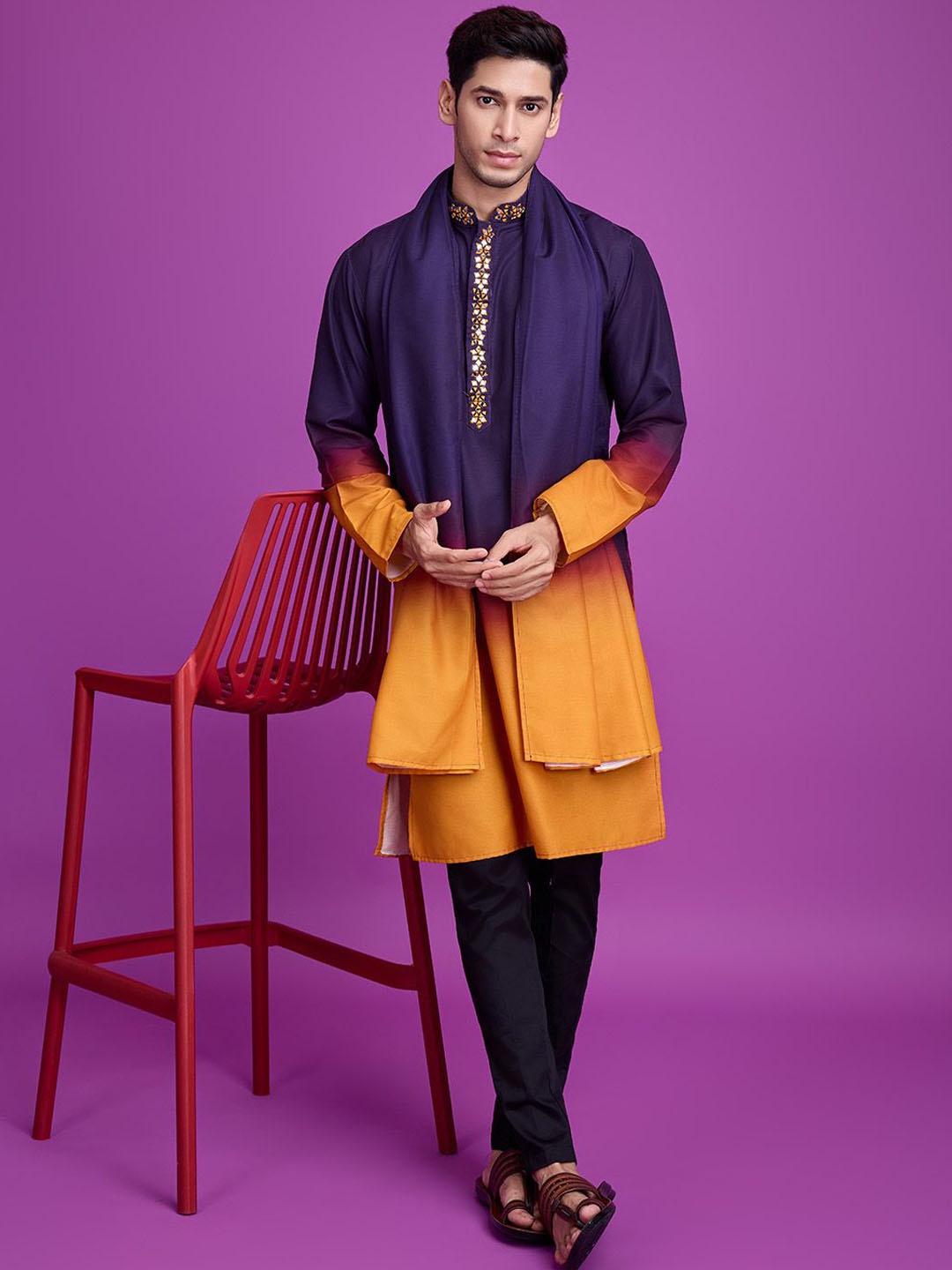 

SHUBHVASTRA Ombre Printed Mandarin Collar Mirror Work Straight Kurta With Dupatta, Purple