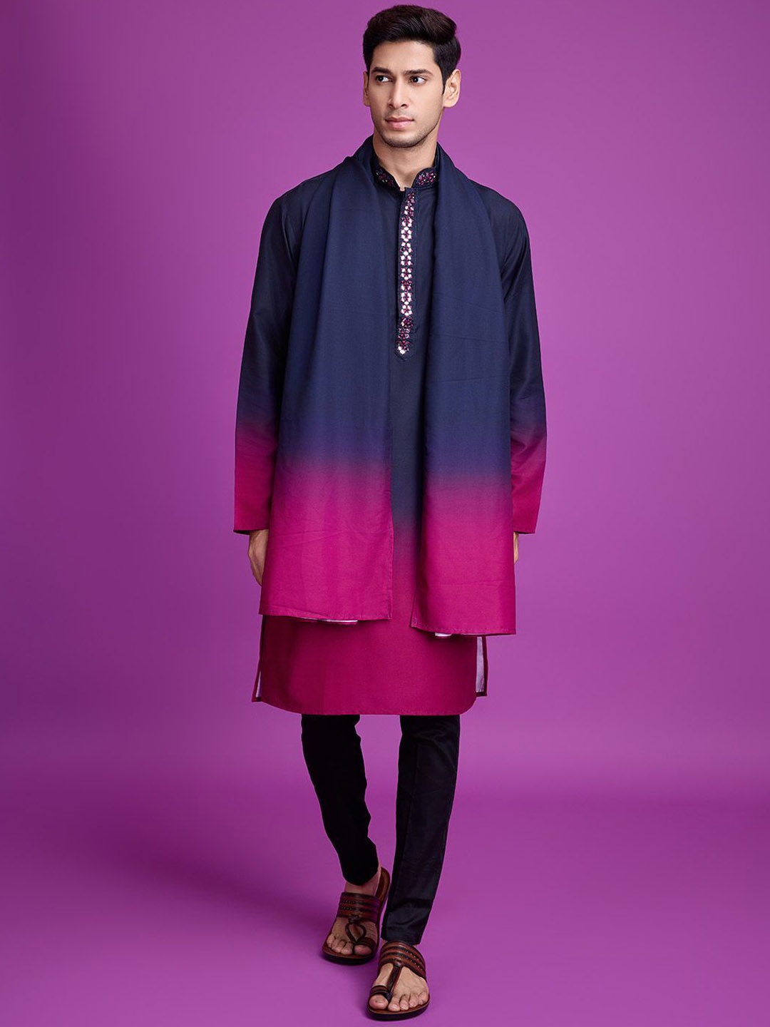 

SHUBHVASTRA Ombre Printed Mandarin Collar Mirror Work Straight Kurta With Dupatta, Navy blue