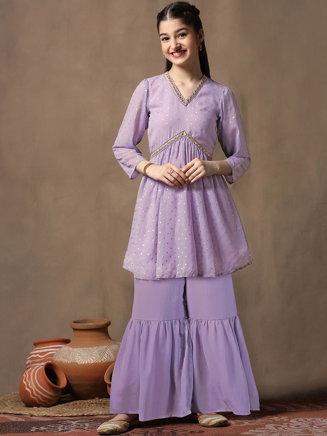 

FASHION DREAM Girls Ethnic Motifs Printed Empire Georgette Anarkali Kurta With Sharara, Lavender