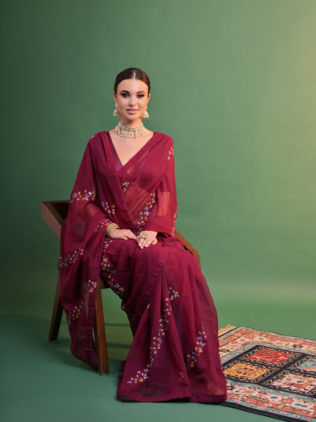 CANIZZARO Pure Georgette Floral Embroidered Heavy Work Party Saree, Maroon