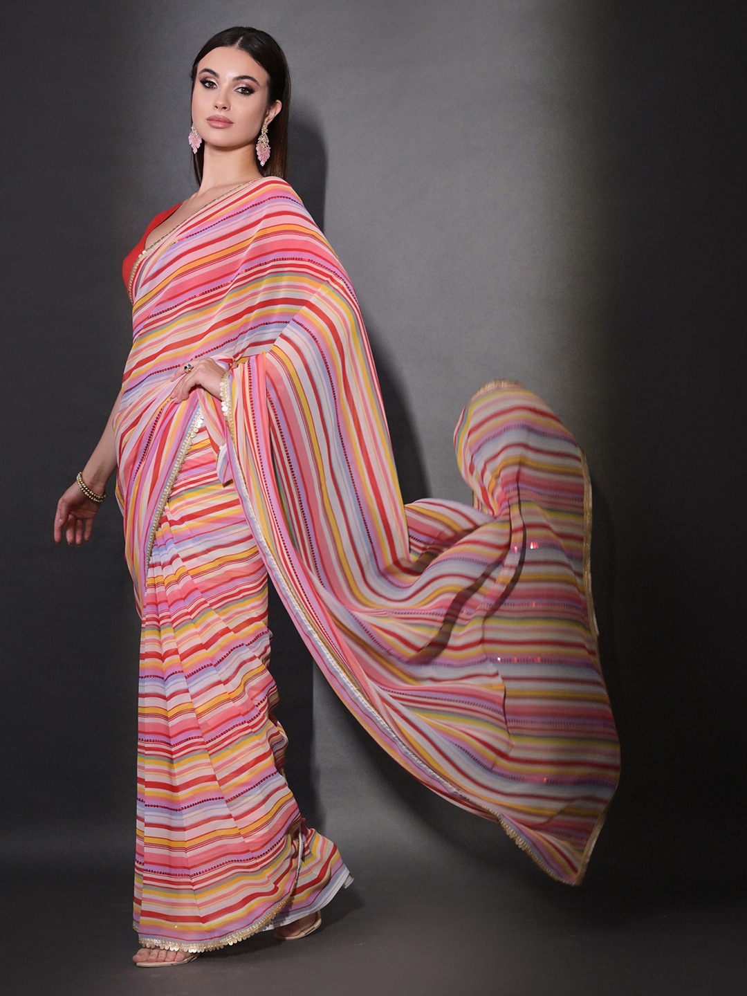 

CANIZZARO Striped Sequinned Pure Georgette Saree, Red